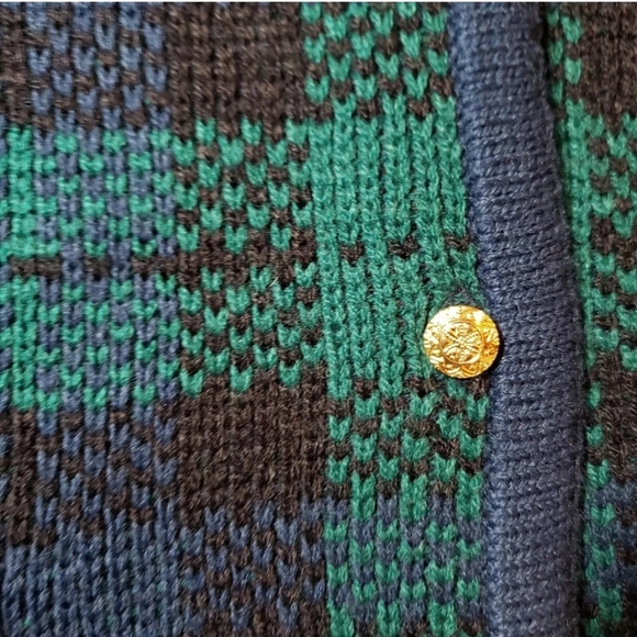Vintage Crystal Kobe Cardigan Acryli Sweater Green Tartan Plaid Gold Buttons 80s - Picture 3 of 12